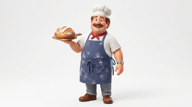 Cartoon Chef Baker Holding Artisan Bread Loaf 3D Render