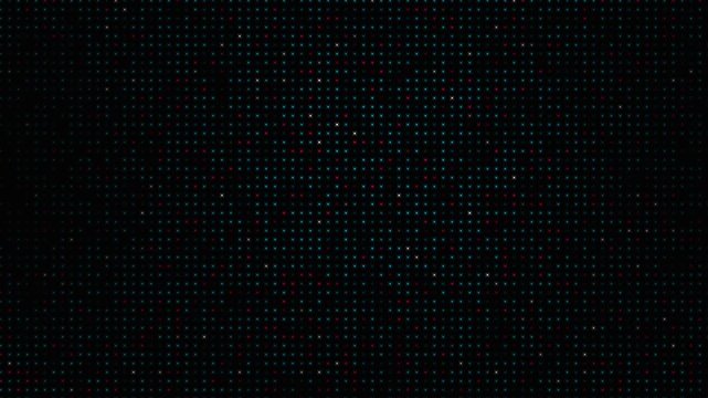 Digital pixel grid data points flickering on black background with multicolored noise for futuristic technology display screen loop.