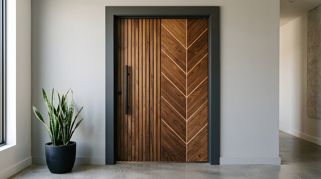 Modern wooden front door with vertical slats and chevron pattern