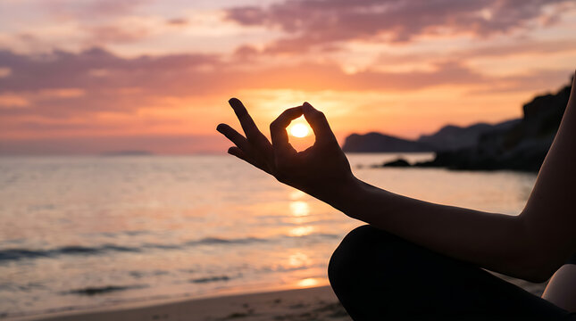 Meditation Hand Gesture at Beach Sunset, Mindfulness, Yoga Practice and Inner Peace Wellness Concept