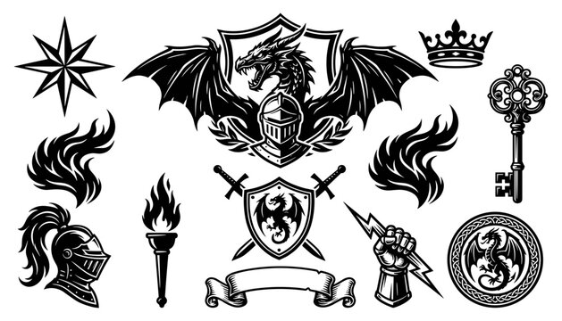 Medieval Knight and Dragon Heraldic Crests Icons Set with Shield and Swords