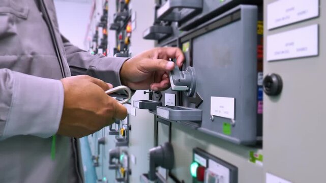 Worker installing a safety lock on an electrical isolation point to prevent accidental re-energization during maintenance, representing industrial safety standards, OSHA compliance concepts, and safe 