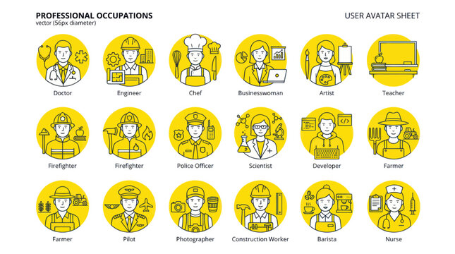 Professional Occupations Icons: Doctor, Engineer, Chef, Businesswoman, Artist, Teacher & More