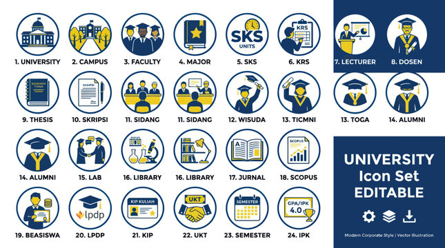 University Icons Set: Education, Graduation, Research, Study, Campus Life