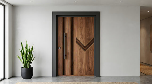 Modern wooden front door with vertical slats and chevron pattern