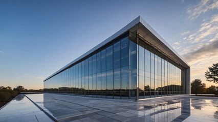 Fototapeta premium Modern Glass Office Building Architecture with Reflective Exterior Facade at Golden Hour