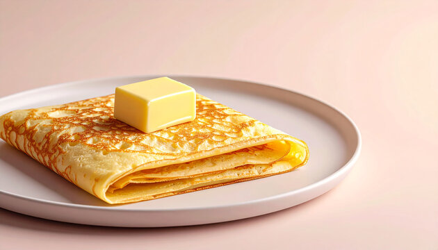 Golden brown folded crepe served on a minimalist ceramic plate with a square of melting butter