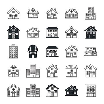Collection of minimalist architectural house icons.