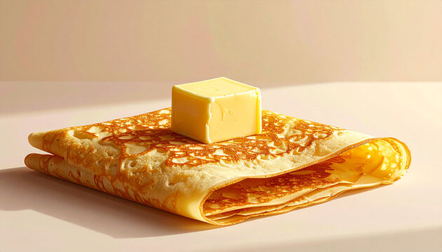 Freshly Made Golden Thin Pancake Crepe Topped with a Square Piece of Melting Butter