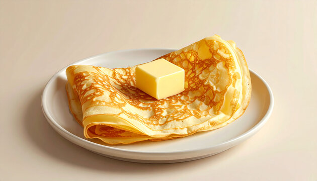 Delicious golden brown crepes stacked on a white plate topped with a melting square of butter