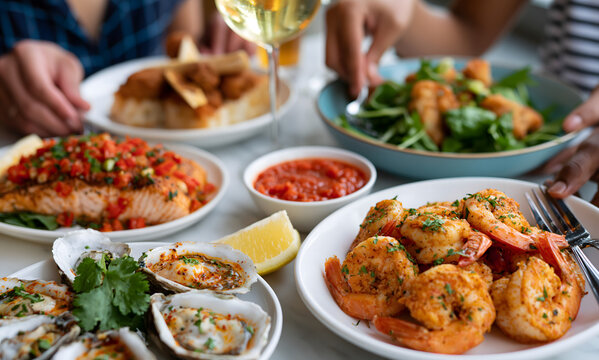  The group are white, black, and asian. the table has oysters, salmon, shrimp and other seafood favorites. All the food is prepared creole style with plenty of seasoning