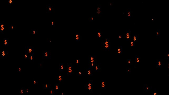 Fiery dollar symbols are dynamically moving and rising in a captivating slow-motion animation across a dark and mysterious background, creating a mesmerizing financial visual experience.