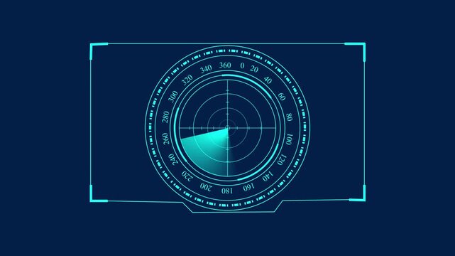 Futuristic circular radar display with glowing blue targeting reticle and rotating scan sweep on dark blue background, technology abstract motion.