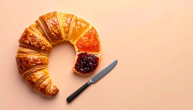 Fresh Golden Flaky Croissant With Colorful Fruit Jam Spreads and Knife on Pastel Background