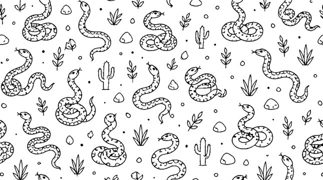 Detailed black and white snake and cactus pattern design.