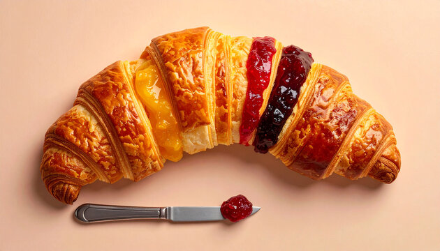 A golden brown buttery croissant filled with sweet custard and colorful berry jams on a pastel background