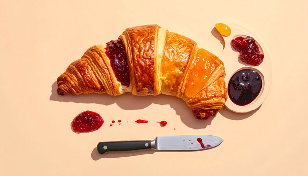 Freshly Baked Flaky Croissant Served with Assorted Fruit Jams and Spreads on a Minimalist Background for a Gourmet Breakfast Concept