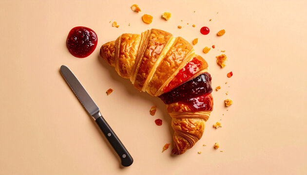 Golden flaky croissant with sweet berry jam filling and a knife on beige background