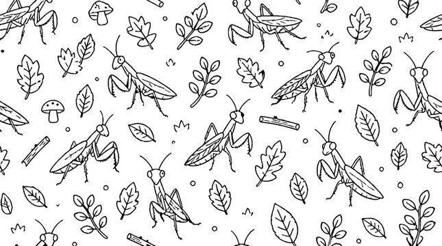 Detailed illustration of grasshoppers and leaves pattern.