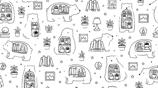 Whimsical bear and furniture line art pattern design.