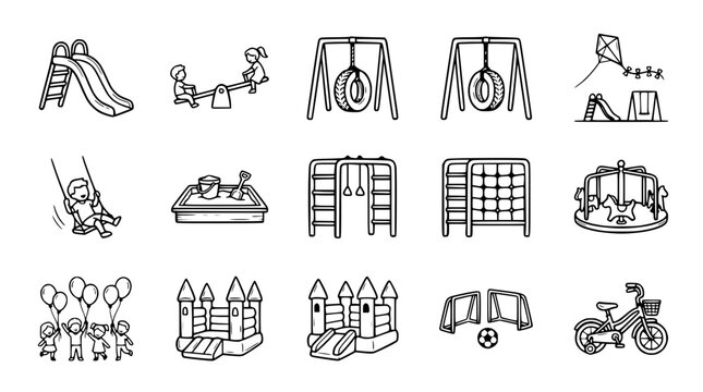 Children's Playground Icons: Slide, Swings, Sandbox, Bouncy Castle, Merry-Go-Round, Bicycle