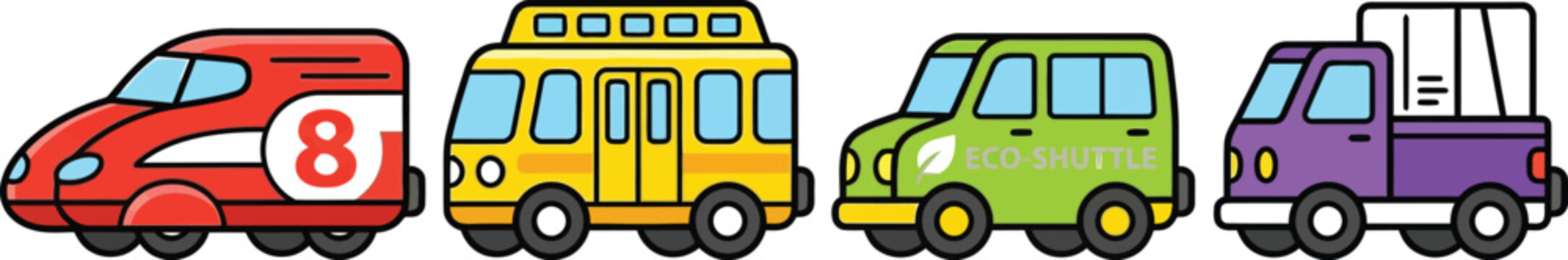 Set of tiny toy monorail cars and eco vehicles for children illustration on white background
