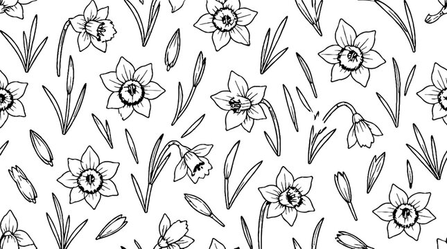 Hand Drawn Daffodil and Flower Line Art Pattern.