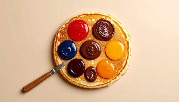 A stack of golden pancakes topped with colorful fruit jams and chocolate spreads arranged like an artist's palette, with a small knife.