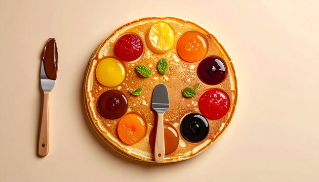 A creative pancake palette with various colorful jams, jellies, and chocolate spread, garnished with mint leaves, ready for breakfast.