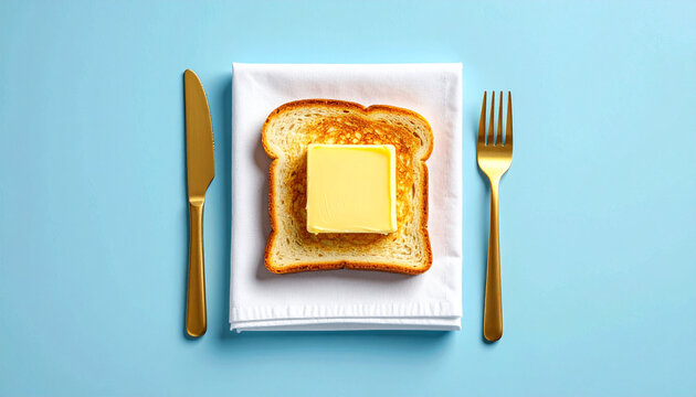 Toasted bread with a pat of butter served on a white napkin with gold cutlery on a blue background.