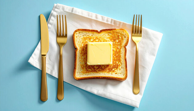 Overhead view of a golden toasted bread slice with melting butter, served on a white napkin with gold cutlery on a light blue background.