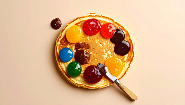 Pancake decorated like an artist's palette with colorful toppings and a small knife spreading jam.