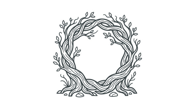 Round wreath made of tangled wood branches and vines.