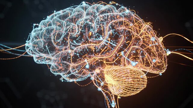 Glowing digital brain with neural activity and electric signals flowing in a vibrant sea