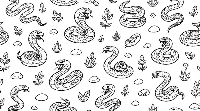 Intricate black and white snake and plant pattern design.