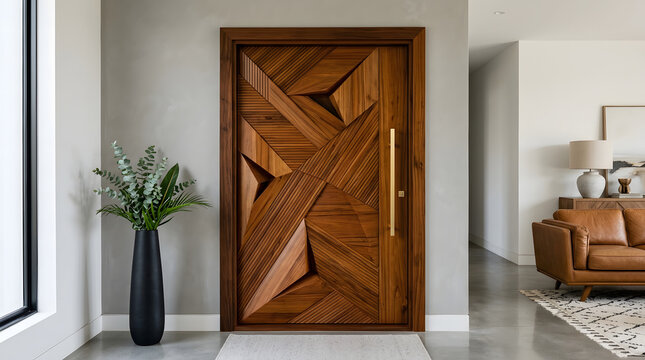 Modern geometric wooden front door in contemporary interior entryway