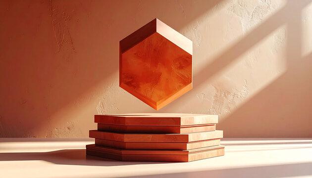 A warm-toned hexagonal prism floating above a stack of square wooden platforms in a minimalist setting with soft lighting.
