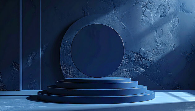 A minimalist blue circular pedestal and backdrop against a textured wall with dramatic light and shadow.