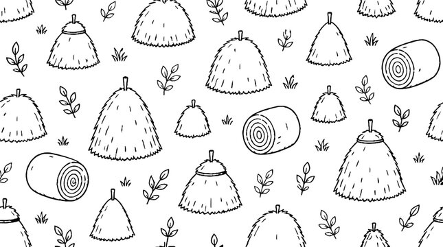 Hand drawn beehive skeps and honeycomb pattern illustration.