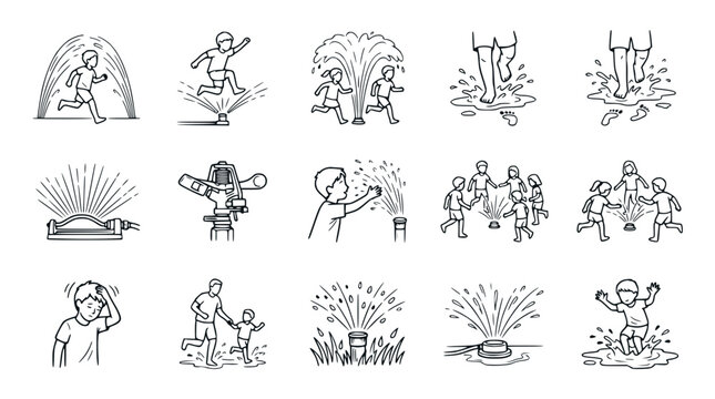 Summer Fun: Children Playing with Water Sprinklers and Fountains