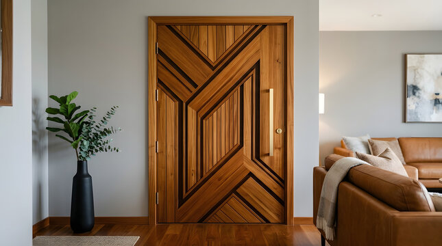 Modern geometric wooden front door in contemporary living room interior