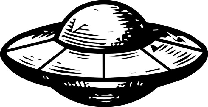 Stylized UFO illustration in black and white depicting a classic flying saucer design with a domed top and segmented base evoking vintage science fiction themes.