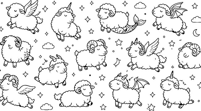 Whimsical Flying Sheep with Wings and Stars Pattern.