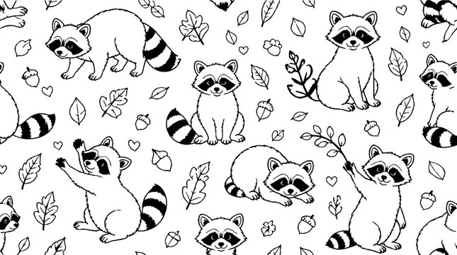 Playful raccoons with autumn leaves and acorns illustration.