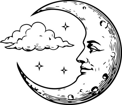 Vintage Moon Face with Cloud and Stars Line Art.