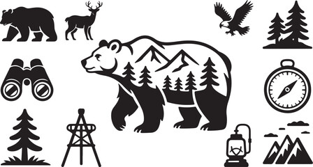 Naklejka premium Wildlife Icons, Outdoor Adventure Symbols, Black Vector Graphics, Camping Illustration Set
