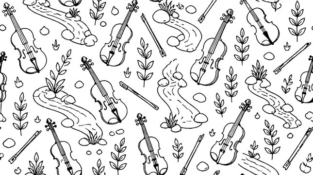 Seamless pattern of violins and musical notes.