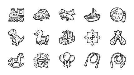 Set of Hand-Drawn Toy Icons: Train, Car, Plane, Ship, Globe, Dinosaur, Duck, Blocks, Puzzle, Flippers © Roti