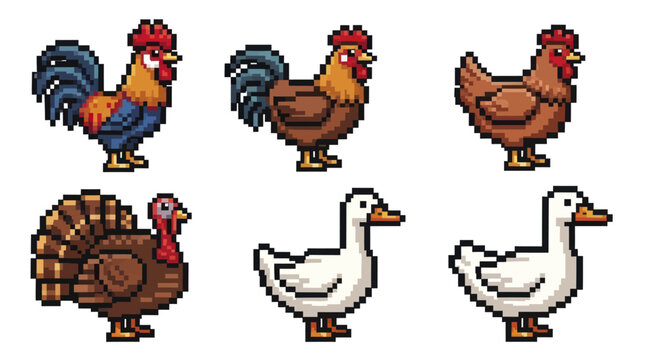 Pixel Art Farm Birds Collection Rooster Chicken Duck Turkey.
