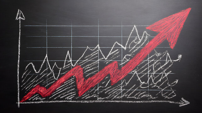 Stock market graph with red uptrend arrow on a blackboard background concept for business growth.